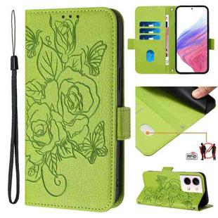 For OPPO Reno9 5G / Reno9 Pro 5G Embossed Rose RFID Anti-theft Leather Phone Case(Green)