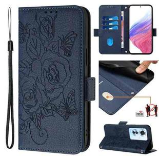 For OPPO Reno11 F 5G Global / F25 Pro Embossed Rose RFID Anti-theft Leather Phone Case(Dark Blue)