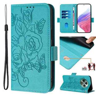 For OPPO Reno 12F Global Embossed Rose RFID Anti-theft Leather Phone Case(Light Blue)