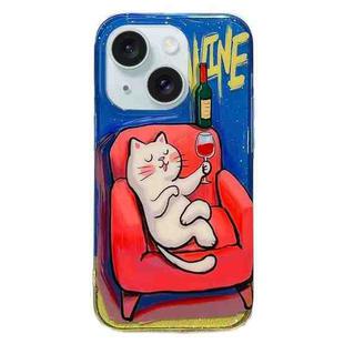 For iPhone 15 Illustration Graffiti Cat Pattern Double Layer LMD Phone Case(Red Wine)