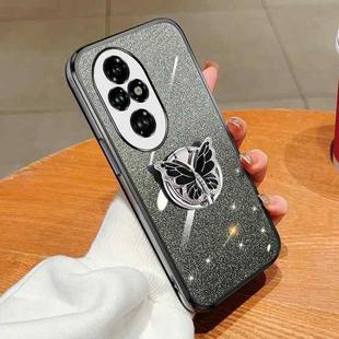 For Honor 200 Pro Plated Gradient Glitter Butterfly Holder TPU Phone Case(Black)