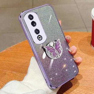 For Honor 90 Pro Plated Gradient Glitter Butterfly Holder TPU Phone Case(Purple)