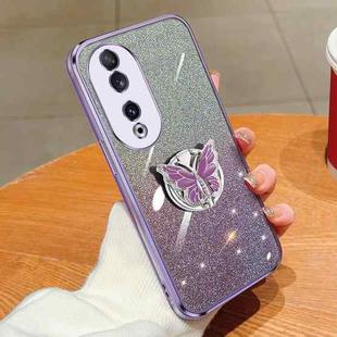 For Honor 90 Plated Gradient Glitter Butterfly Holder TPU Phone Case(Purple)