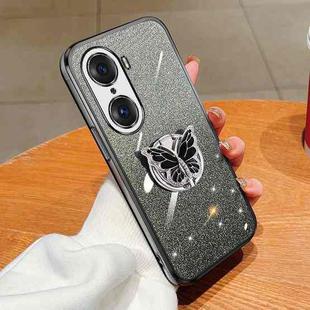 For Honor 60 Pro Plated Gradient Glitter Butterfly Holder TPU Phone Case(Black)