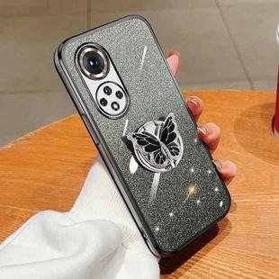 For Honor 50 Pro Plated Gradient Glitter Butterfly Holder TPU Phone Case(Black)