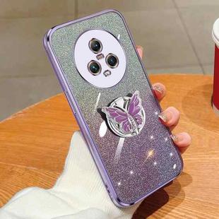 For Honor Magic5 Plated Gradient Glitter Butterfly Holder TPU Phone Case(Purple)