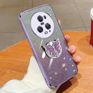 For Honor Magic5 Pro Plated Gradient Glitter Butterfly Holder TPU Phone Case(Purple)