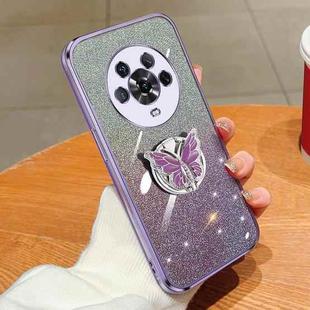 For Honor Magic4 Plated Gradient Glitter Butterfly Holder TPU Phone Case(Purple)