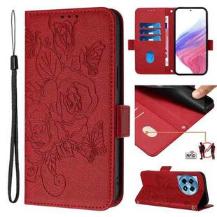 For OnePlus 12R 5G Embossed Rose RFID Anti-theft Leather Phone Case(Red)