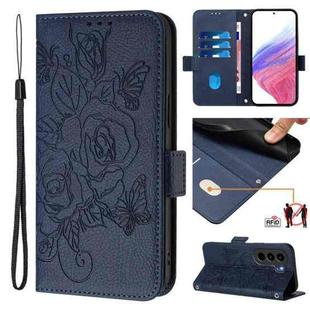 For itel Power 70 Embossed Rose RFID Anti-theft Leather Phone Case(Dark Blue)