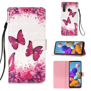 For Samsung Galaxy A21 (EU Version) 3D Painting Horizontal Flip Leather Case with Holder & Card Slot & Wallet & Lanyard(Rose Red Butterfly)