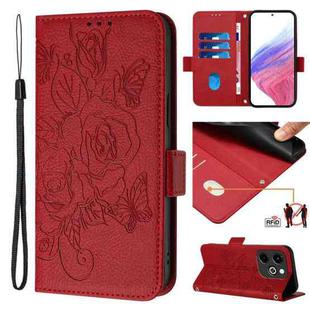 For Infinix Hot 40i Embossed Rose RFID Anti-theft Leather Phone Case(Red)