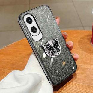 For Honor X50i Plated Gradient Glitter Butterfly Holder TPU Phone Case(Black)