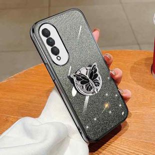 For Honor X20 SE Plated Gradient Glitter Butterfly Holder TPU Phone Case(Black)