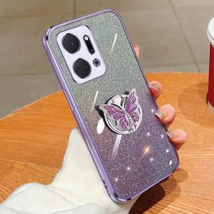 For Honor X7a Plated Gradient Glitter Butterfly Holder TPU Phone Case(Purple)