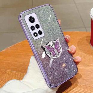 For Honor V40 Plated Gradient Glitter Butterfly Holder TPU Phone Case(Purple)