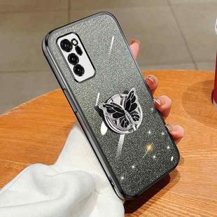 For Honor V30 Plated Gradient Glitter Butterfly Holder TPU Phone Case(Black)