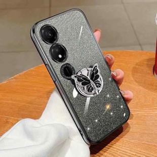 For Honor Play 40 Plated Gradient Glitter Butterfly Holder TPU Phone Case(Black)