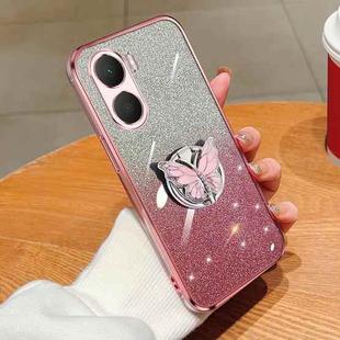 For Honor Play 40 Plus Plated Gradient Glitter Butterfly Holder TPU Phone Case(Pink)