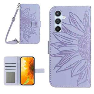 For Samsung Galaxy M35 5G Skin Feel Sun Flower Embossed Flip Leather Phone Case with Lanyard(Purple)