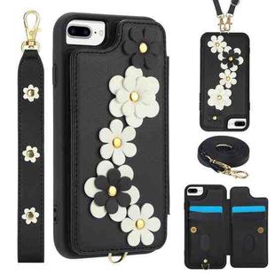 For iPhone 8 Plus / 7 Plus Crossbody Flower Pattern Leather Phone Case(Black)