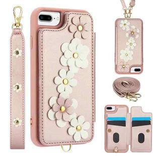 For iPhone 8 Plus / 7 Plus Crossbody Flower Pattern Leather Phone Case(Rose Gold)