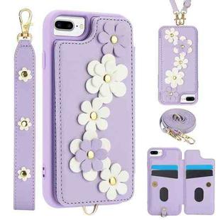 For iPhone 8 Plus / 7 Plus Crossbody Flower Pattern Leather Phone Case(Purple)