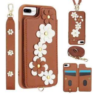 For iPhone 8 Plus / 7 Plus Crossbody Flower Pattern Leather Phone Case(Brown)