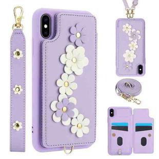 For iPhone XS / X Crossbody Flower Pattern Leather Phone Case(Purple)