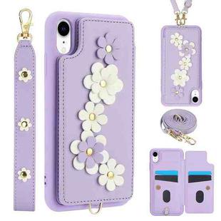 For iPhone XR Crossbody Flower Pattern Leather Phone Case(Purple)