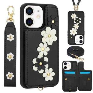 For iPhone 11 Crossbody Flower Pattern Leather Phone Case(Black)