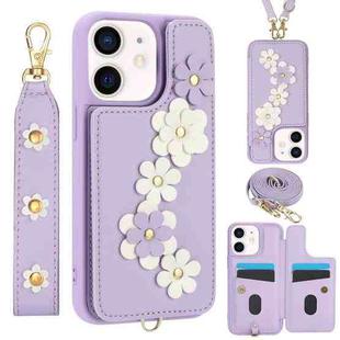 For iPhone 11 Crossbody Flower Pattern Leather Phone Case(Purple)