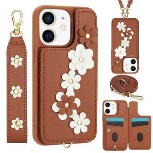 For iPhone 11 Crossbody Flower Pattern Leather Phone Case(Brown)