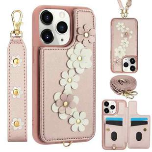 For iPhone 11 Pro Max Crossbody Flower Pattern Leather Phone Case(Rose Gold)