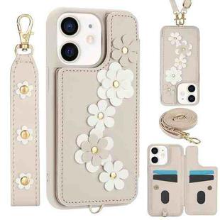 For iPhone 12 / 12 Pro Crossbody Flower Pattern Leather Phone Case(White)