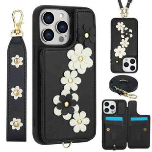 For iPhone 12 Pro Max Crossbody Flower Pattern Leather Phone Case(Black)