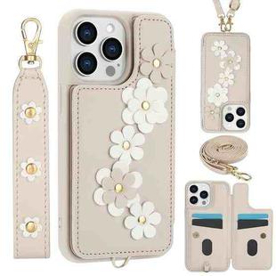 For iPhone 13 Pro Max Crossbody Flower Pattern Leather Phone Case(White)