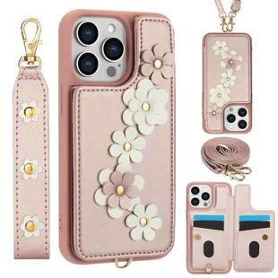 For iPhone 13 Pro Max Crossbody Flower Pattern Leather Phone Case(Rose Gold)