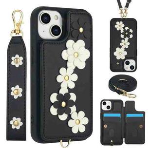 For iPhone 14 / 13 Crossbody Flower Pattern Leather Phone Case(Black)