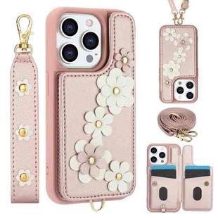 For iPhone 14 Pro Crossbody Flower Pattern Leather Phone Case(Rose Gold)