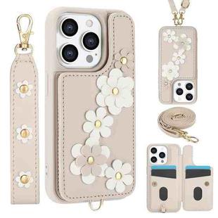 For iPhone 14 Pro Max Crossbody Flower Pattern Leather Phone Case(White)