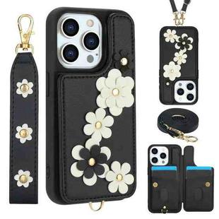 For iPhone 14 Pro Max Crossbody Flower Pattern Leather Phone Case(Black)