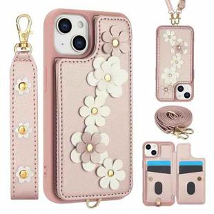 For iPhone 15 Plus / 14 Plus Crossbody Flower Pattern Leather Phone Case(Rose Gold)