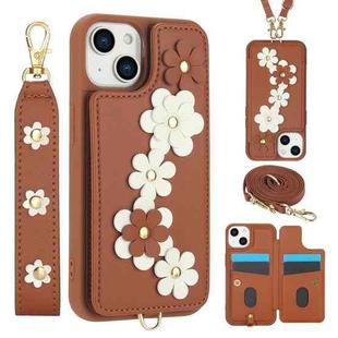 For iPhone 15 Plus / 14 Plus Crossbody Flower Pattern Leather Phone Case(Brown)