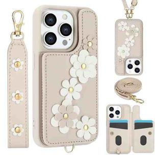 For iPhone 15 Pro Crossbody Flower Pattern Leather Phone Case(White)