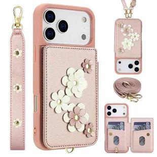 For iPhone 17 Pro Max Crossbody Flower Pattern Leather Phone Case(Rose Gold)