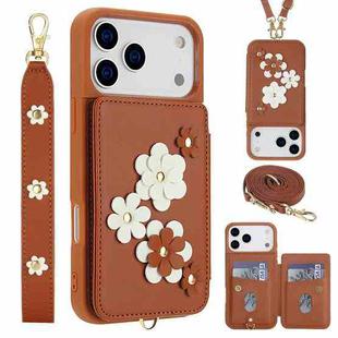 For iPhone 17 Pro Max Crossbody Flower Pattern Leather Phone Case(Brown)