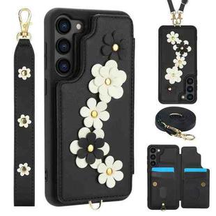 For Samsung Galaxy S22+ 5G Crossbody Flower Pattern Leather Phone Case(Black)