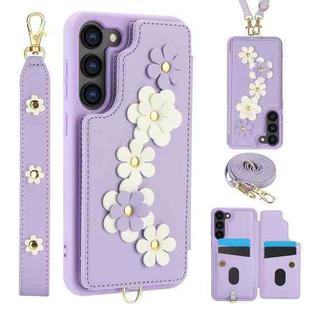 For Samsung Galaxy S22+ 5G Crossbody Flower Pattern Leather Phone Case(Purple)