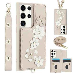 For Samsung Galaxy S22 Ultra 5G Crossbody Flower Pattern Leather Phone Case(White)